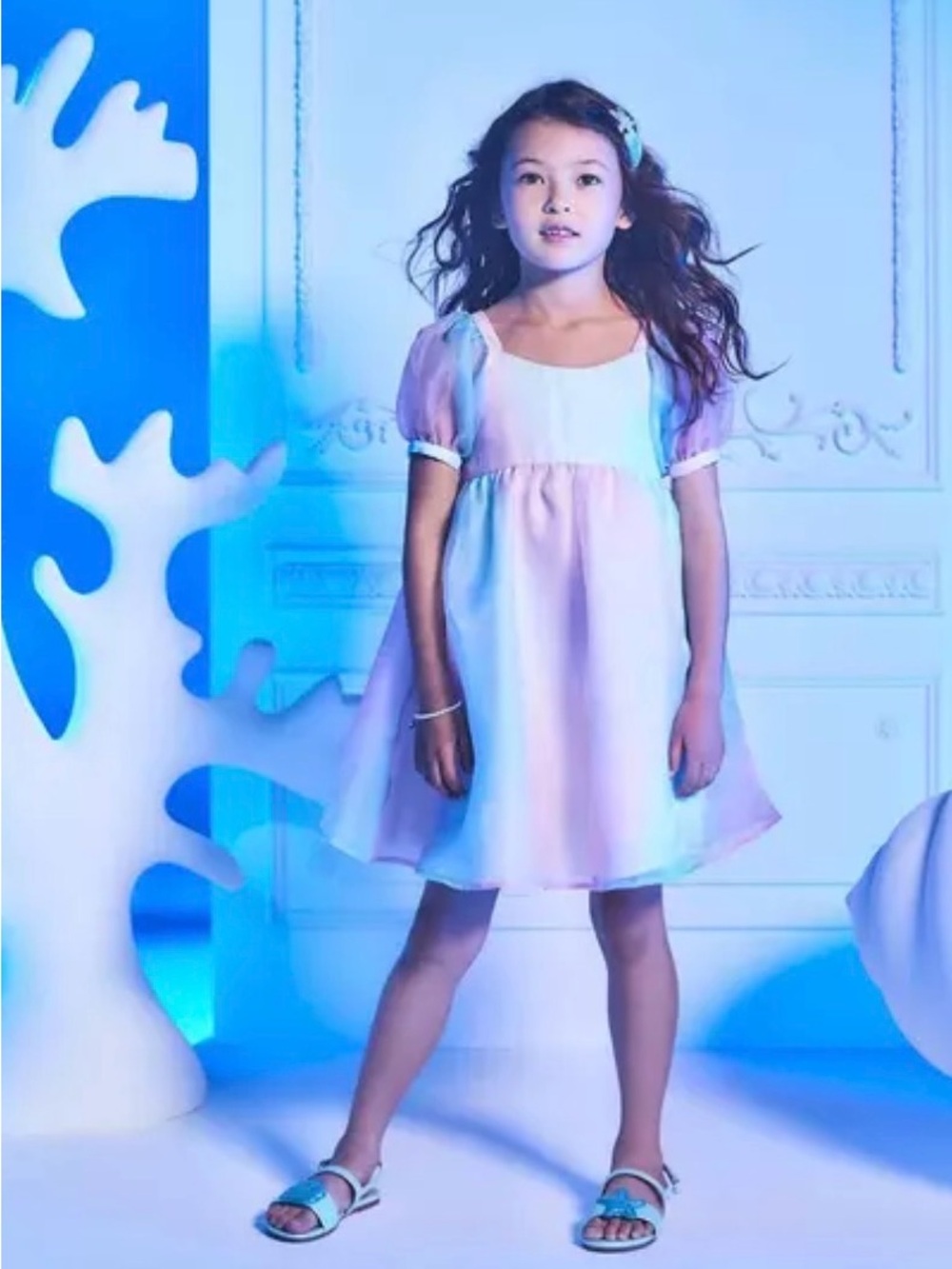 Janie and Jack Pastel Ombre Puff-Sleeve Dress in Pink and Blue